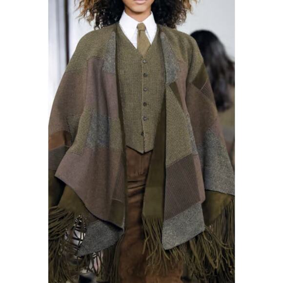 Ralph Lauren Collection Patchwork Poncho Runway 2016 Wool Suede Fringe Coat M/L - Picture 5 of 12